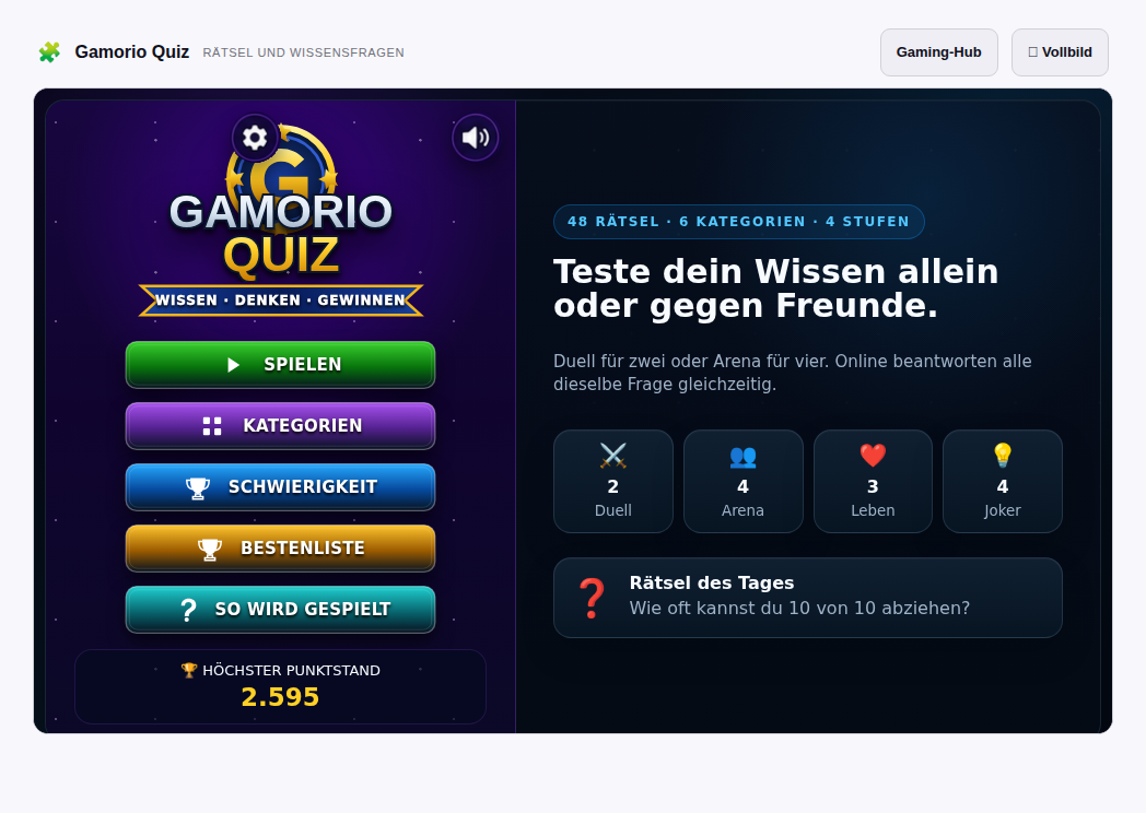 Gamorio Quiz: Startbildschirm mit Spielmodi